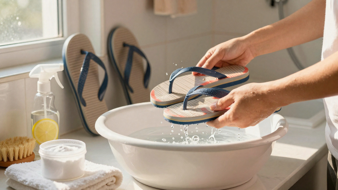 Person washing blue flip-flops over a white basin with cleaning supplies on the side in a bright room.