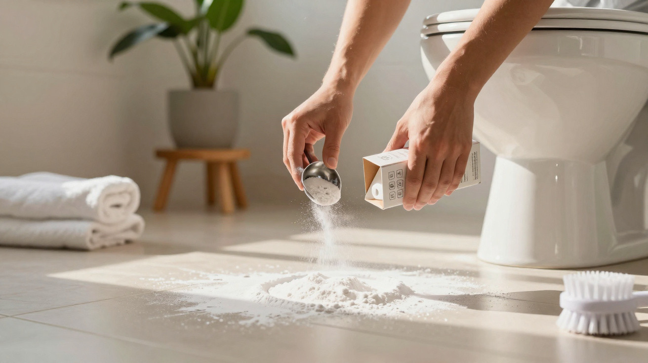 Hands sprinkling white powder from a box onto a bathroom floor near a toilet and cleaning brush.