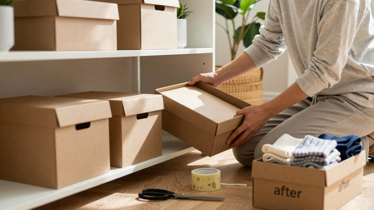 Person organising cardboard storage boxes on a white shelf in a bright, tidy room with plants.