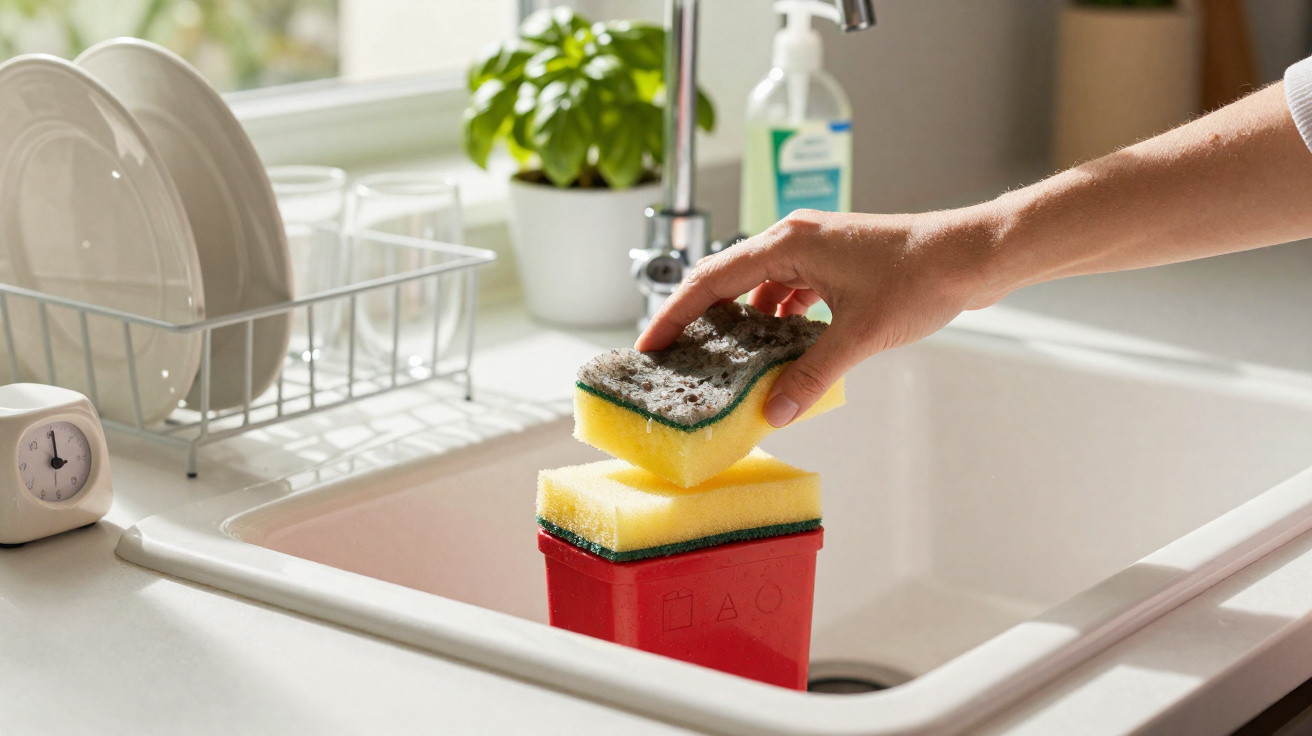Hand holding a kitchen sponge over a red container in a bright sink area with dishes and soap nearby.