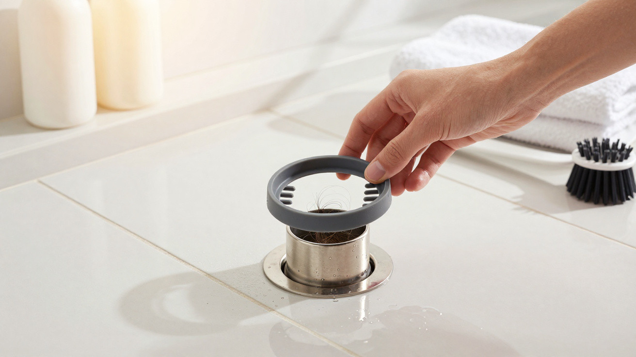 Hand removing a hair catcher from a bathroom drain on a tiled surface with towels and a brush nearby.