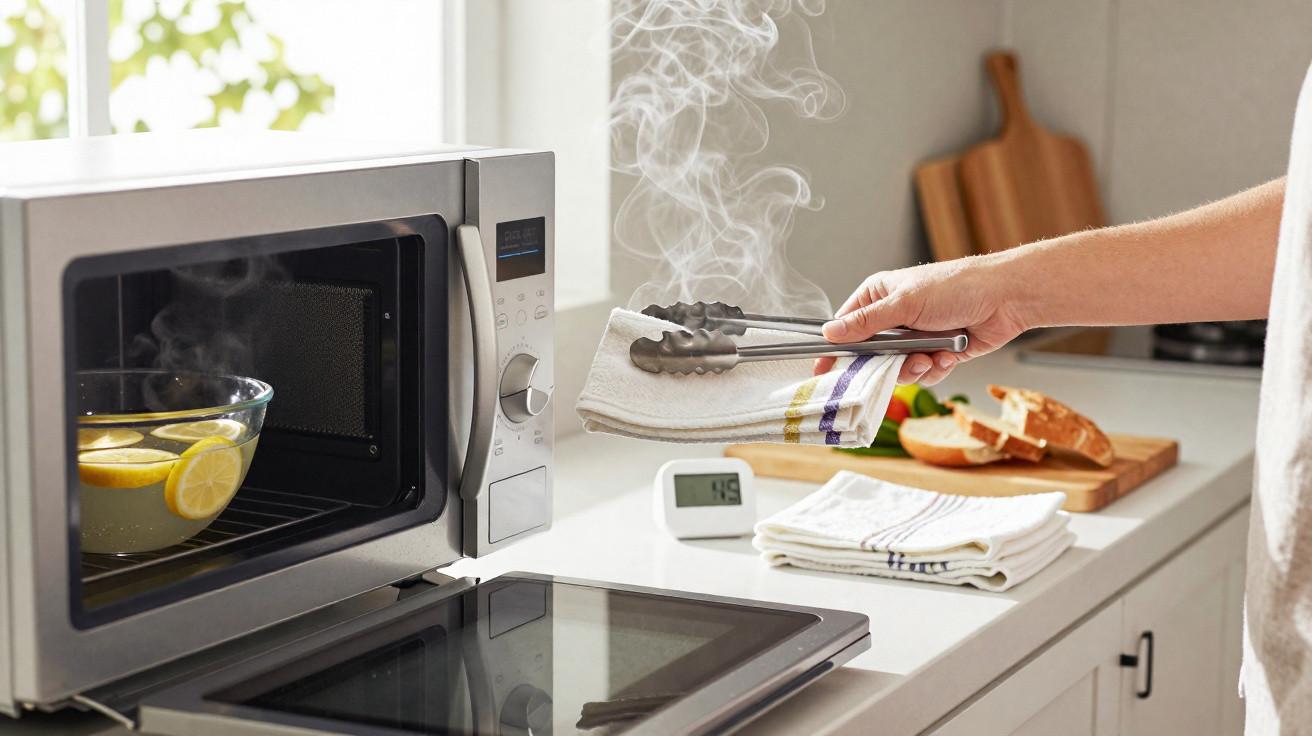 Hand holding tongs with hot steaming bowl removed from microwave in bright kitchen setting