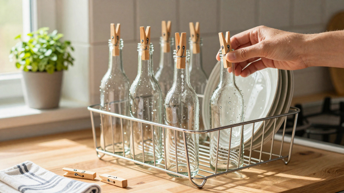 Hand placing a clothespin on a glass bottle drying in a metal rack with plates and a plant in the background.