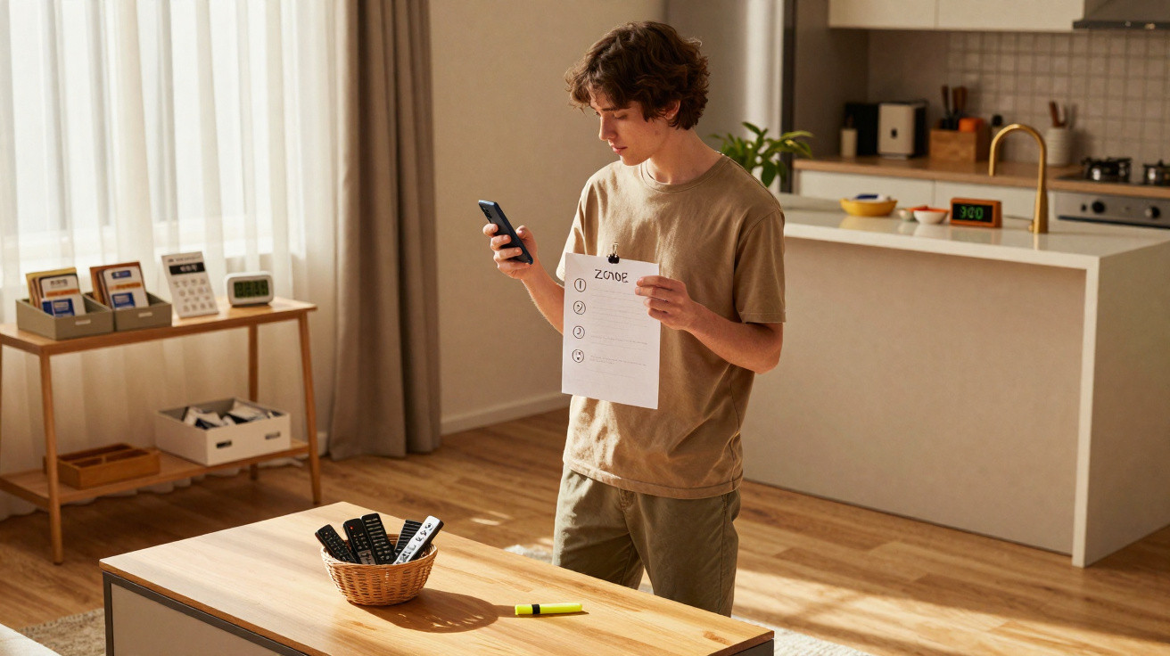 Young man standing in a kitchen holding a paper and looking at his phone with a basket of remote controls on the table.