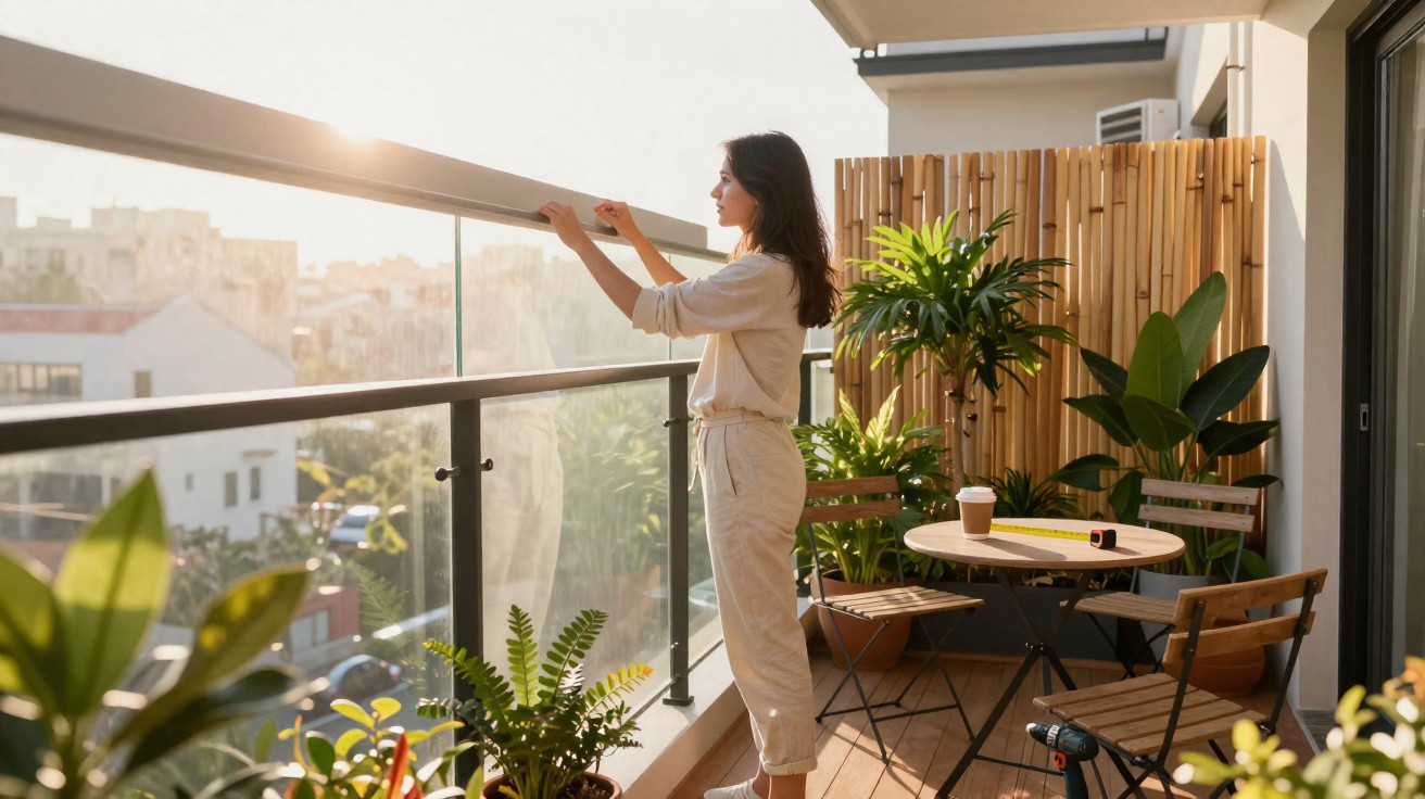 Woman in casual clothes standing on a balcony overlooking a cityscape with plants and furniture around her.
