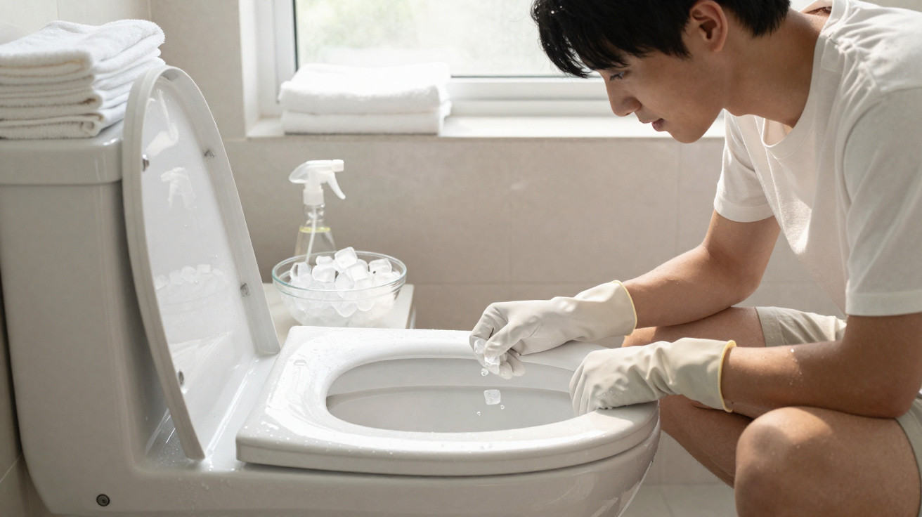 Person wearing gloves placing ice cubes inside a toilet bowl in a bright bathroom.