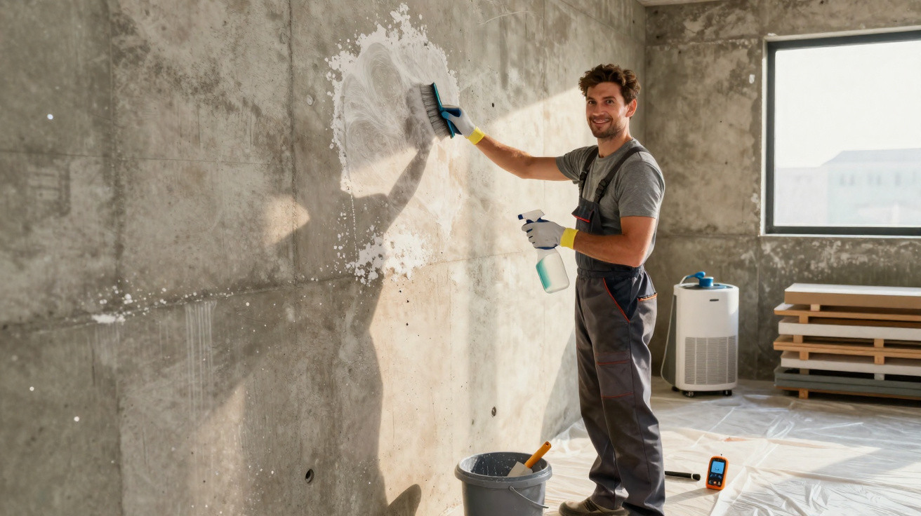 Man in overalls cleaning a concrete wall with a brush and spray bottle in a bright room.