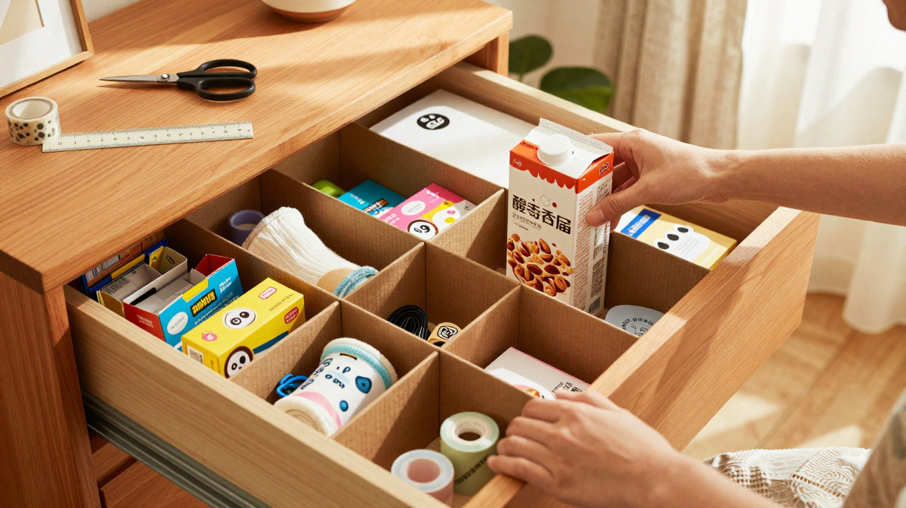 Open wooden drawer with organised compartments holding stationery and snacks as hands place a carton inside.