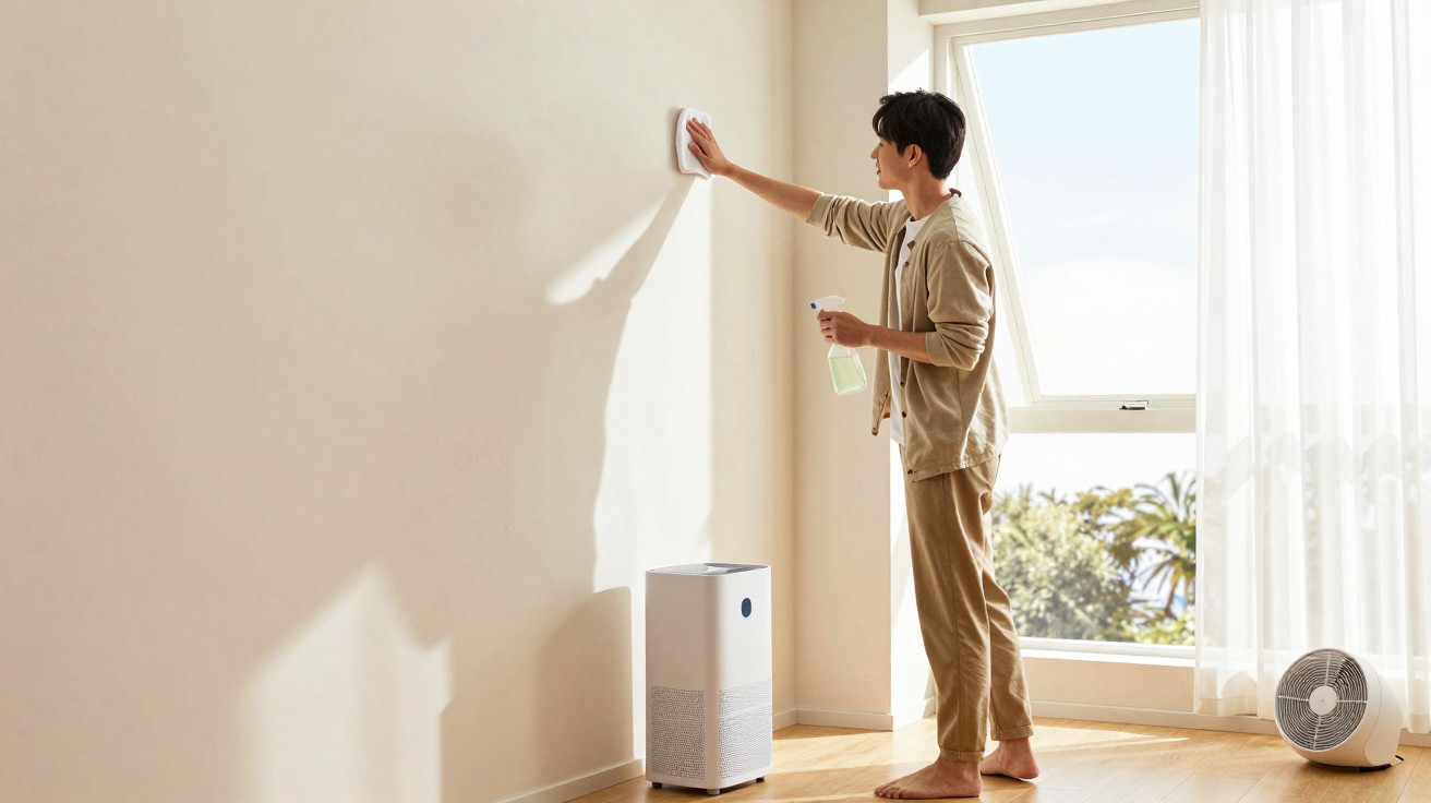Man cleaning a beige wall with a cloth and spray in a bright room with an air purifier and fan on the floor.
