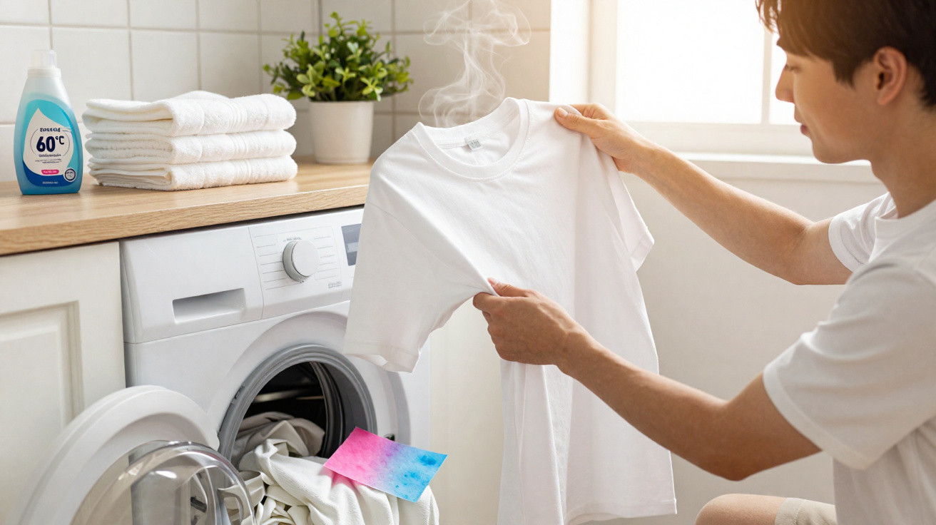 Person holding a steaming white T-shirt by a washing machine with detergent and folded towels nearby.