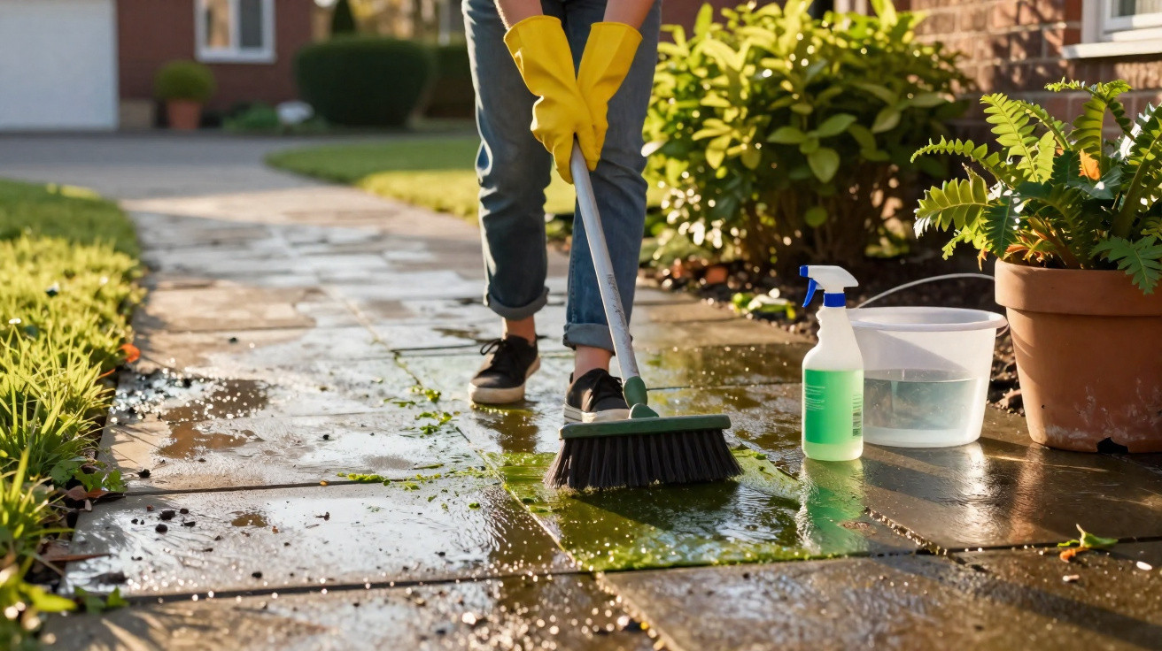 Person wearing yellow gloves cleaning a wet stone patio with a brush, spray bottle, and bucket in daylight.