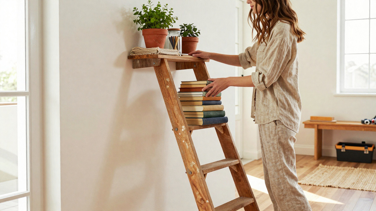 Person organising books on a wooden ladder shelf with potted plants in a bright, minimalist room.