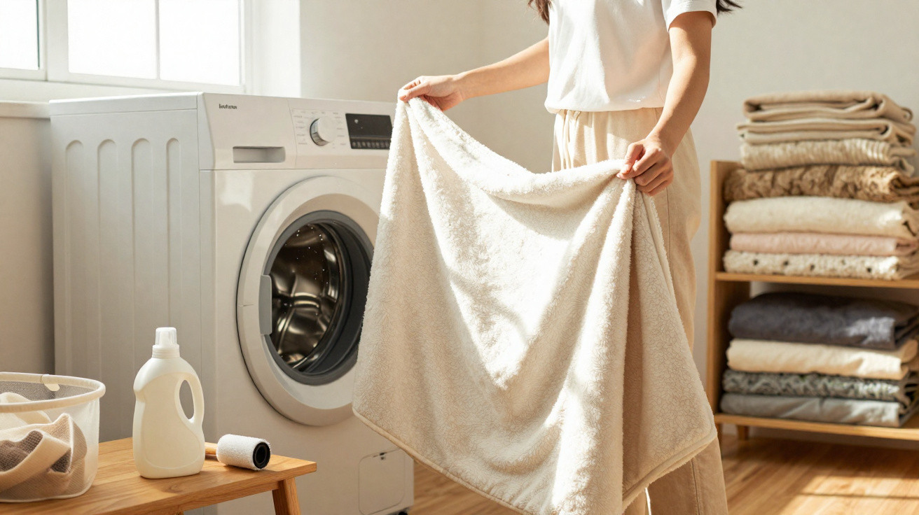 Person holding a clean towel in front of a washing machine with folded laundry and detergent nearby.