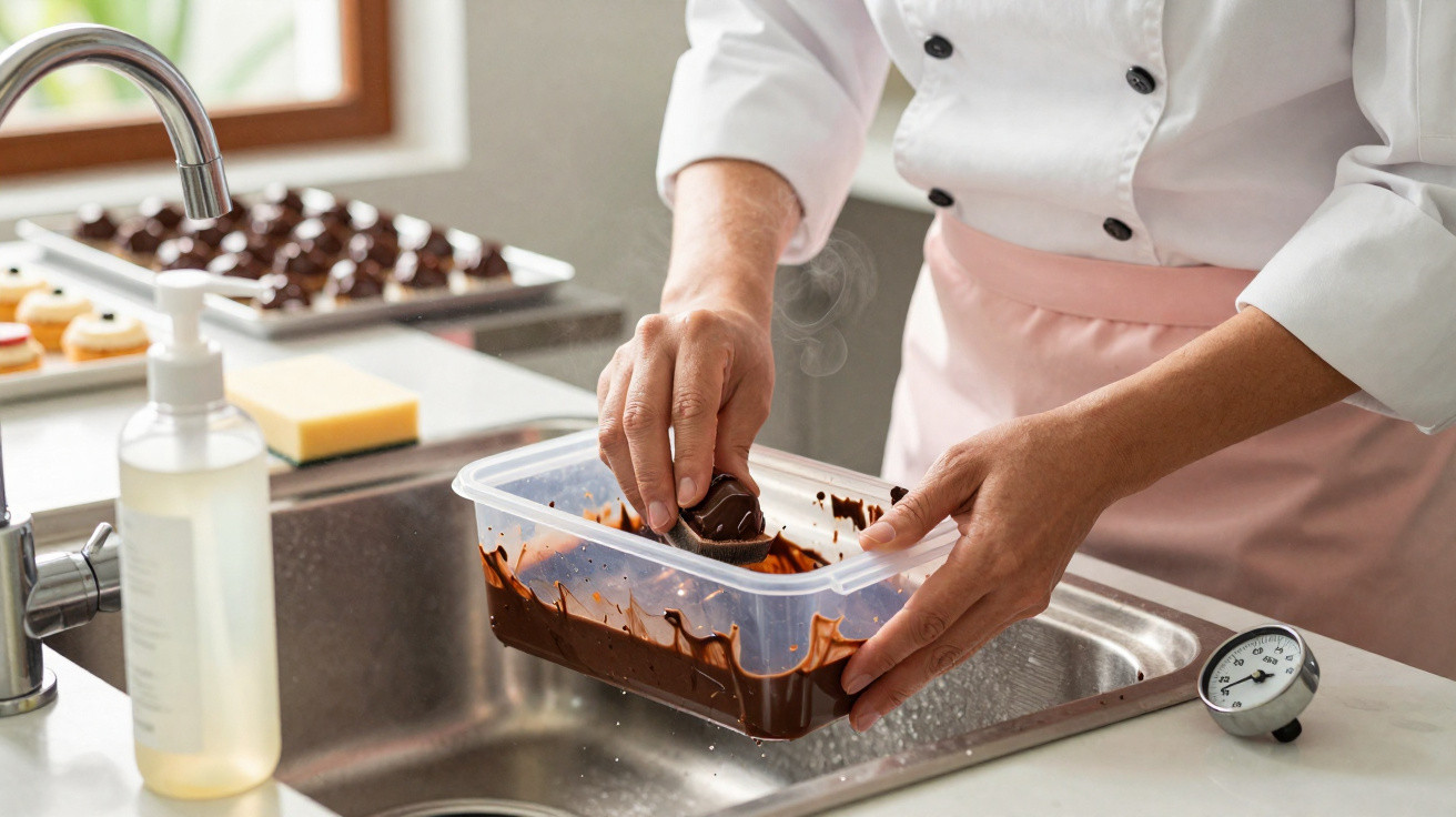 Chef dipping a chocolate treat into a container of melted chocolate in a kitchen sink area.
