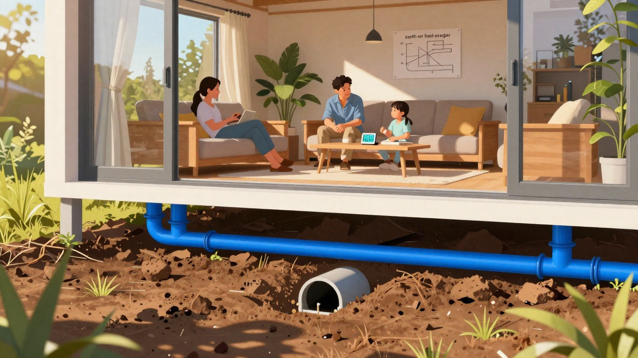 Family sitting in a living room above ground with visible blue water pipes and soil underneath the house.