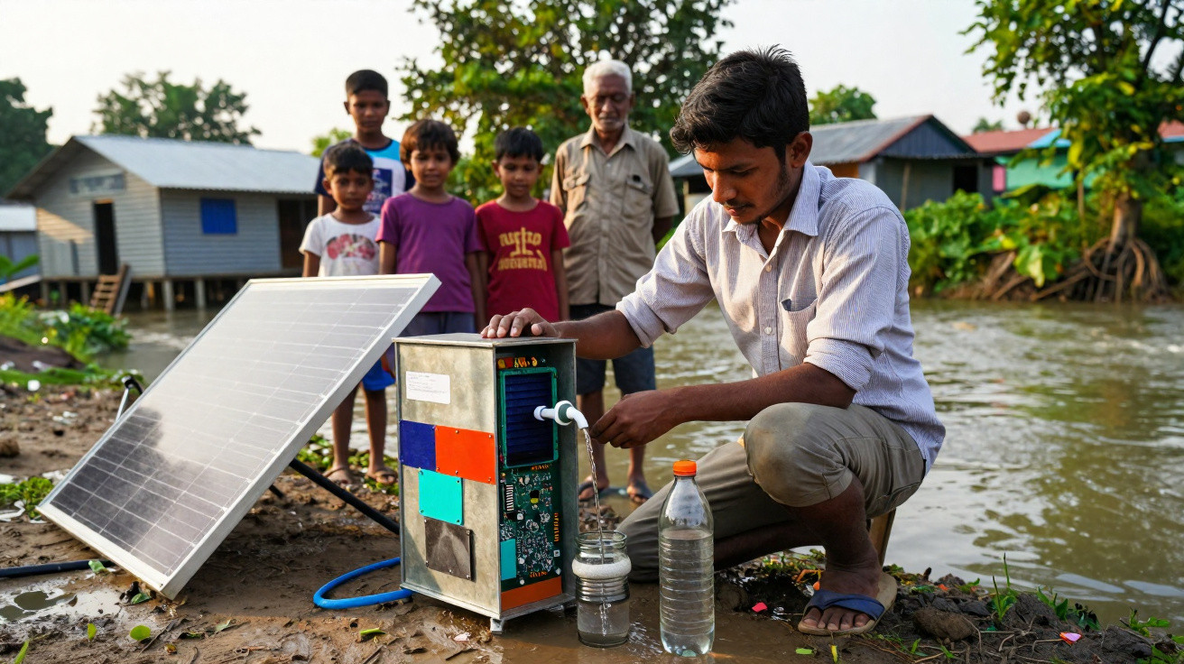 A man operates a solar-powered water purifier near a river while children and an elderly man watch behind.