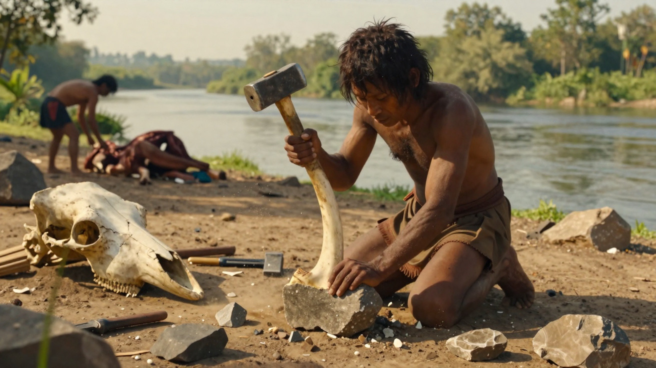 Man using a hammer and bone tool to shape stone by a river, with another person in the background.