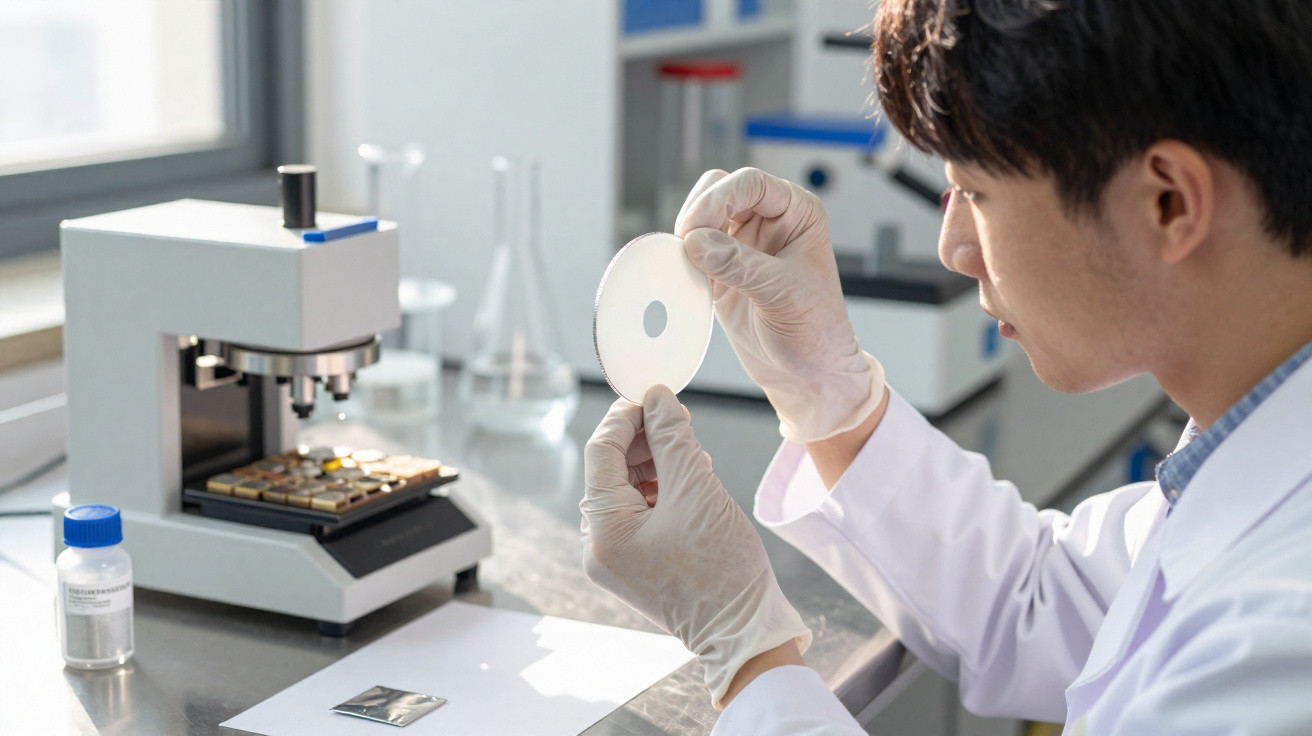 Scientist wearing gloves inspecting a circular lab sample in a bright laboratory setting with equipment nearby.
