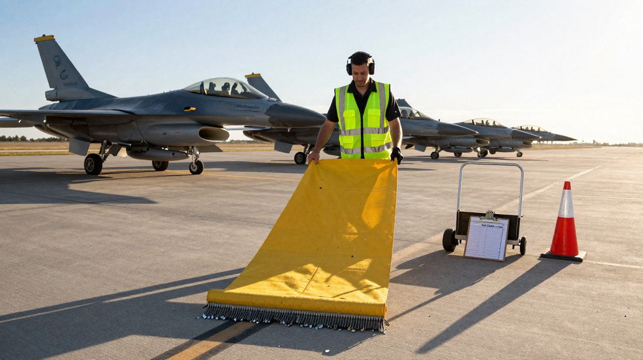 Man in high-visibility vest using a tool to clear debris from an airfield runway with fighter jets in the background.