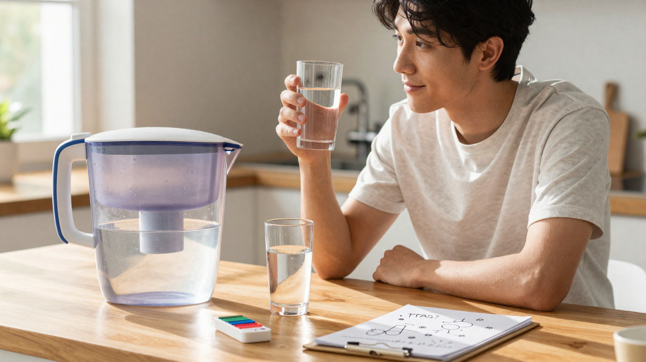 Young man in white t-shirt holding a glass of water at a kitchen table with a water filter jug and papers.