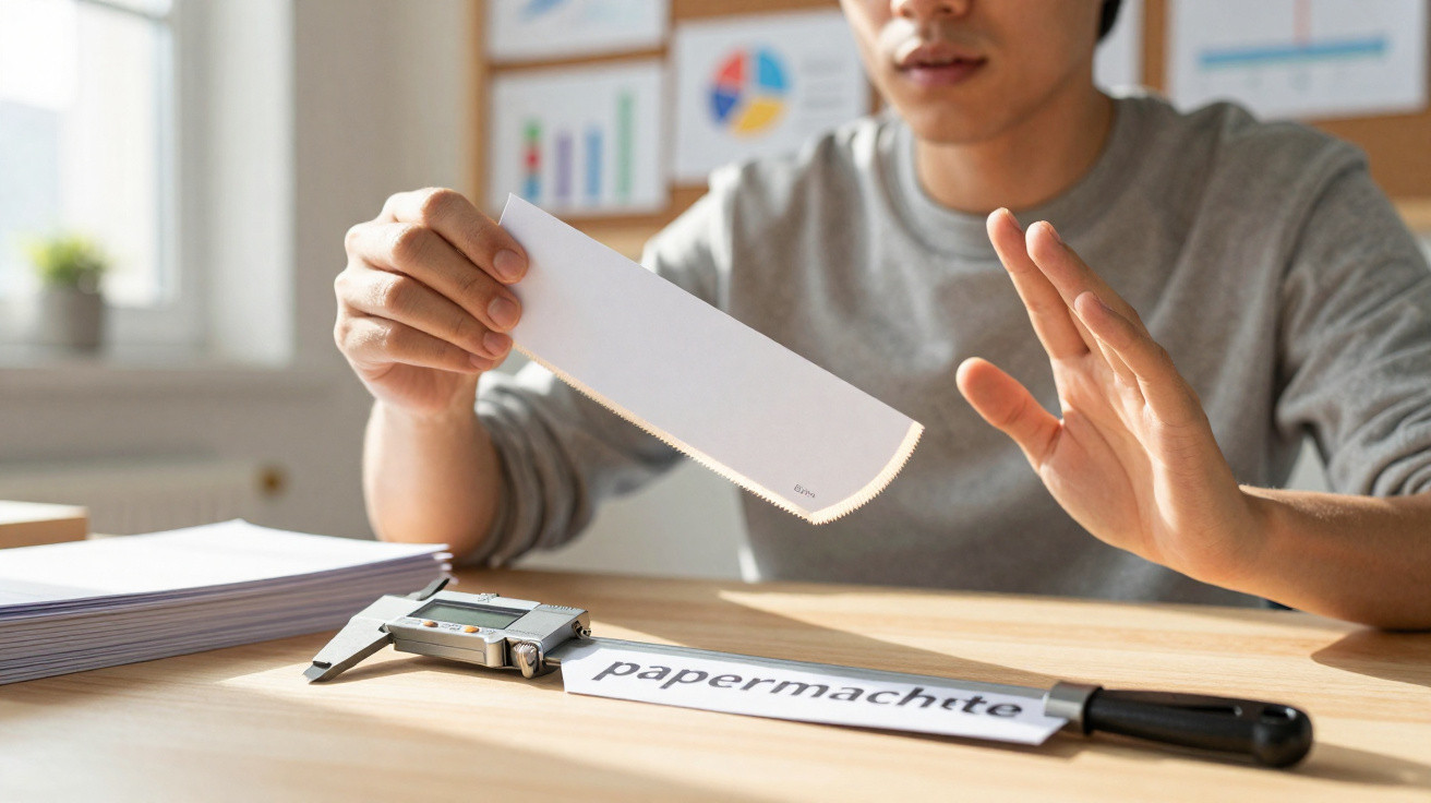 Person refusing to hold a saw placed next to a caliper and paper labelled "papermachete" on a desk.