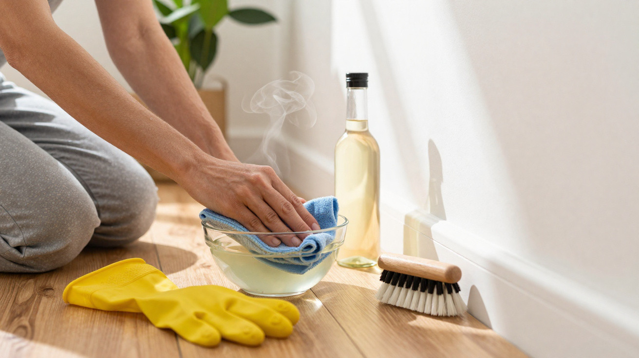 Person using a cloth and steaming bowl to clean a wooden floor near yellow gloves, brush, and bottle of cleaning liquid.