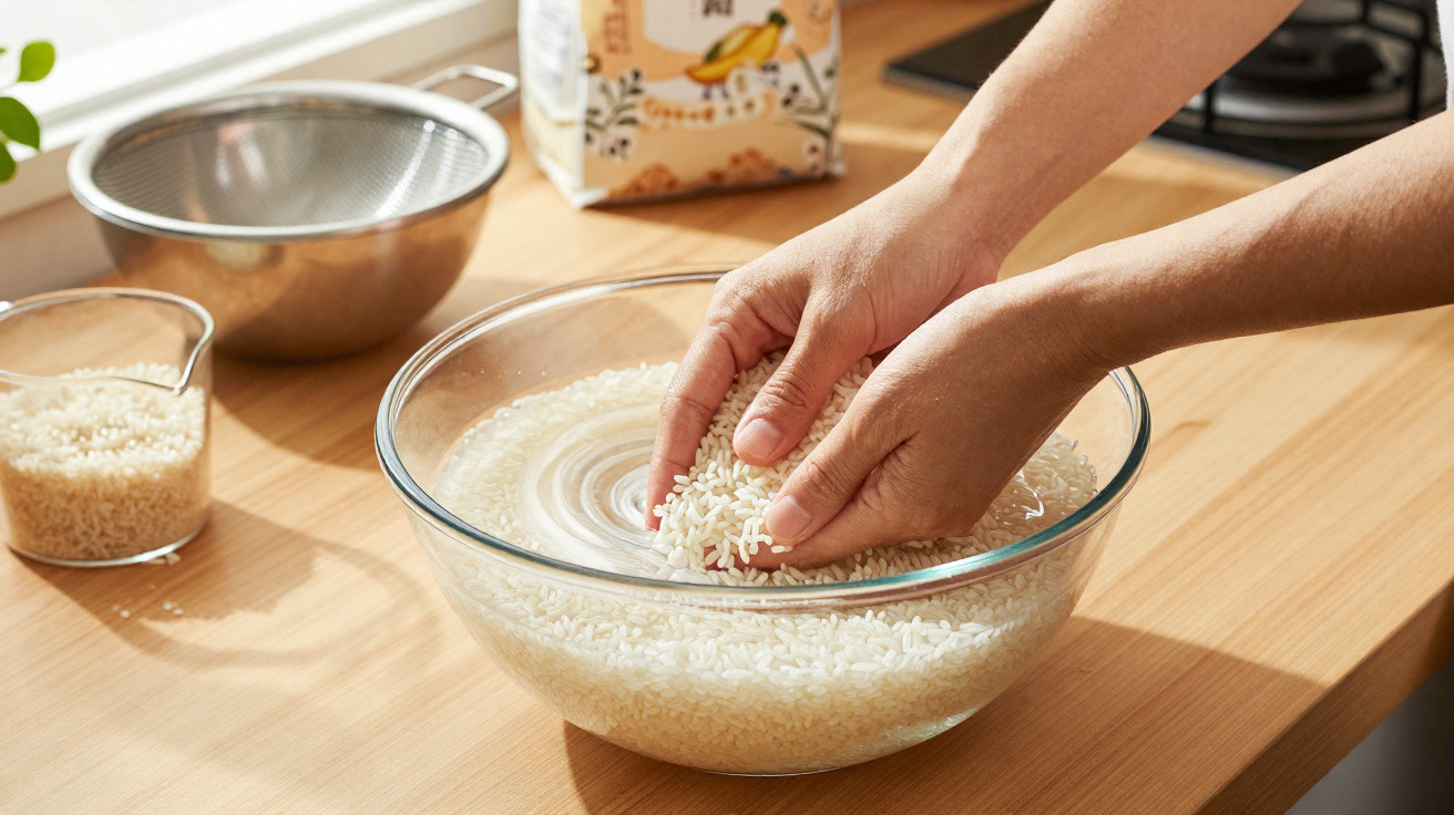 Hands rinsing rice in a clear glass bowl on a wooden kitchen countertop with a sieve and measuring cup nearby.