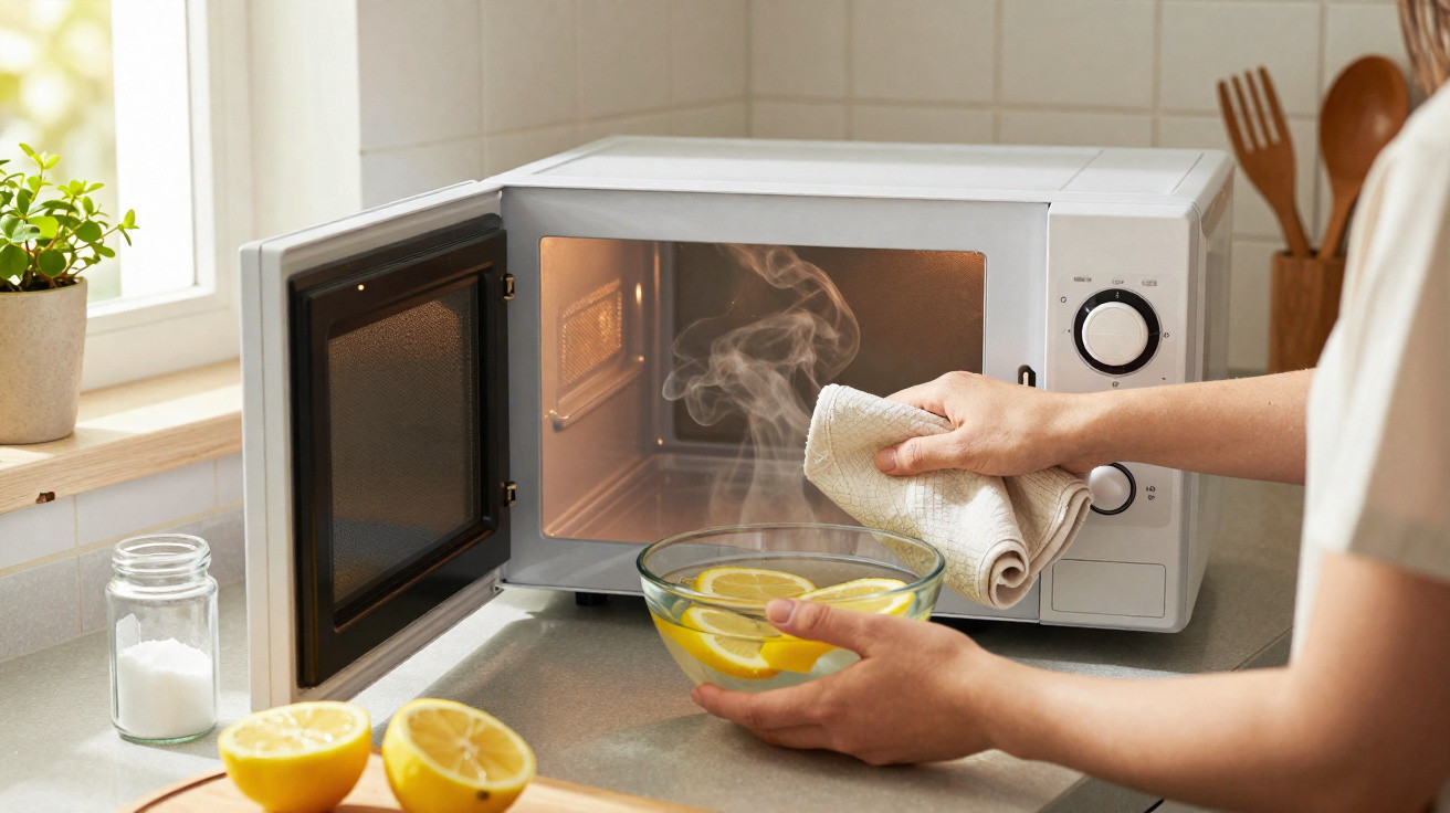 Person removing a steaming bowl of lemon water from an open microwave in a kitchen.