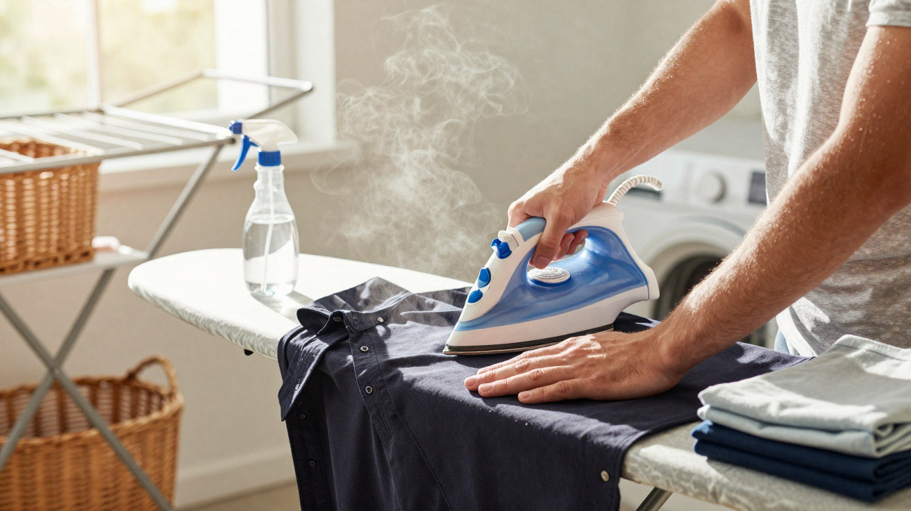 Person ironing a dark shirt with steam on an ironing board near a window and laundry baskets.