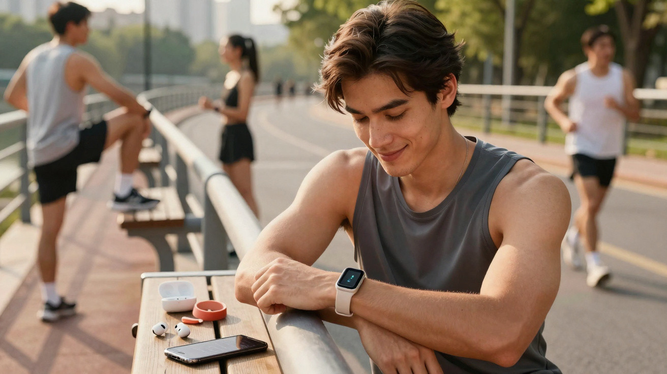 Young man in sleeveless top checking smartwatch on bridge with others exercising in background.