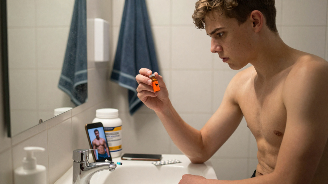 Shirtless young man in bathroom holding medication while watching exercise video on phone by sink.