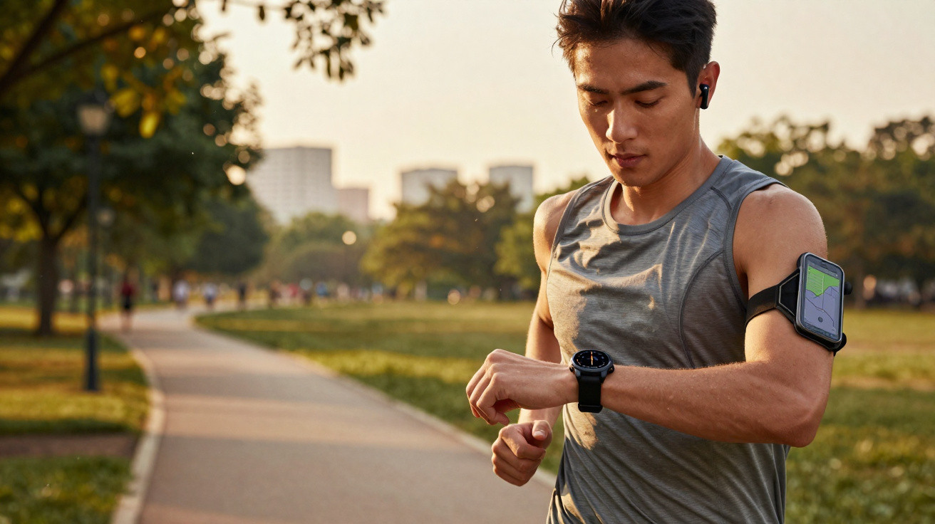 Man in sleeveless top wearing earbuds checks smartwatch while running in a park with smartphone strapped to his arm.