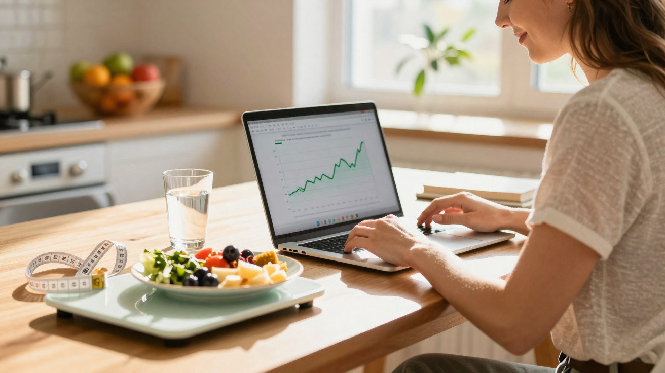 Person working on laptop at wooden kitchen table with fruit plate, glass of water and tape measure nearby.