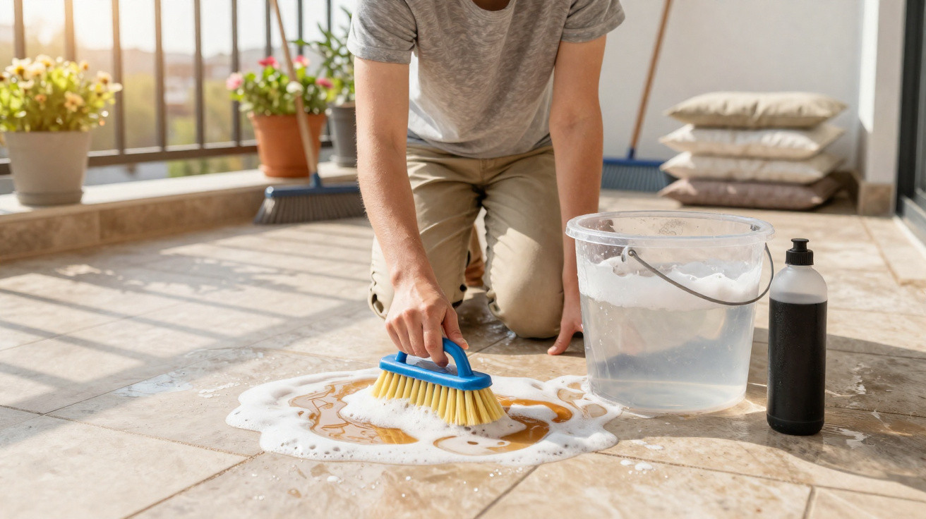 Person scrubbing a tiled floor with a brush, bucket of soapy water, and cleaning bottle on a balcony.