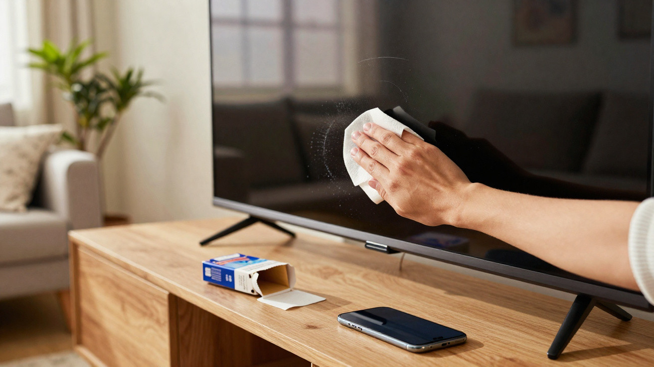 Person cleaning a flat-screen TV with a wipe in a modern living room with a wooden cabinet and smartphone.