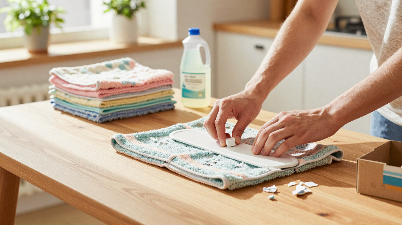Person assembling a flat mop on a wooden table with cleaning supplies and folded cloths nearby.