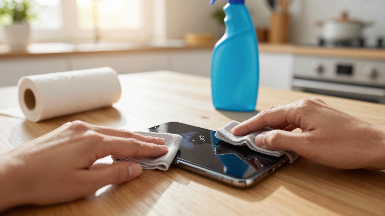 Two hands cleaning a smartphone screen with cloths on a wooden table, next to a blue spray bottle and paper towel roll.