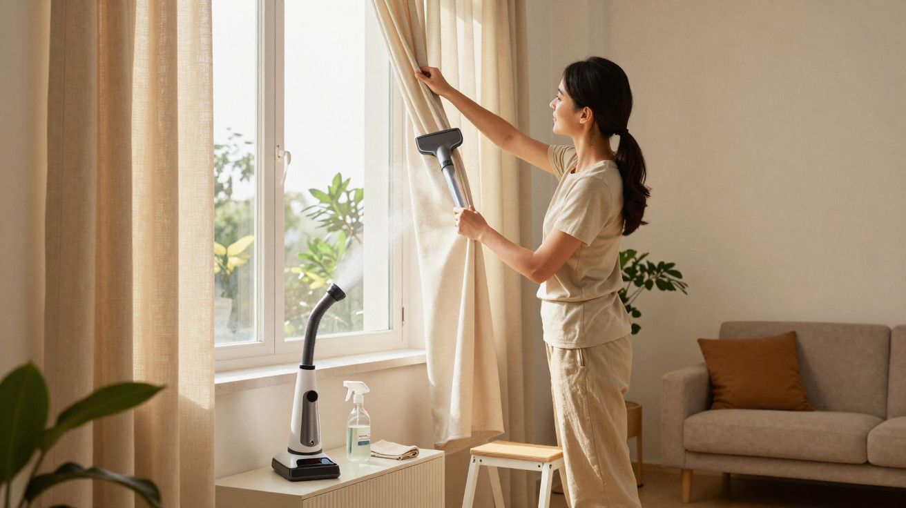 Woman using a handheld steamer to steam beige curtains near a window in a sunlit living room.