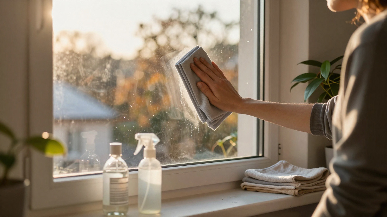 Person cleaning a window with a cloth and cleaning spray on the windowsill during daylight.