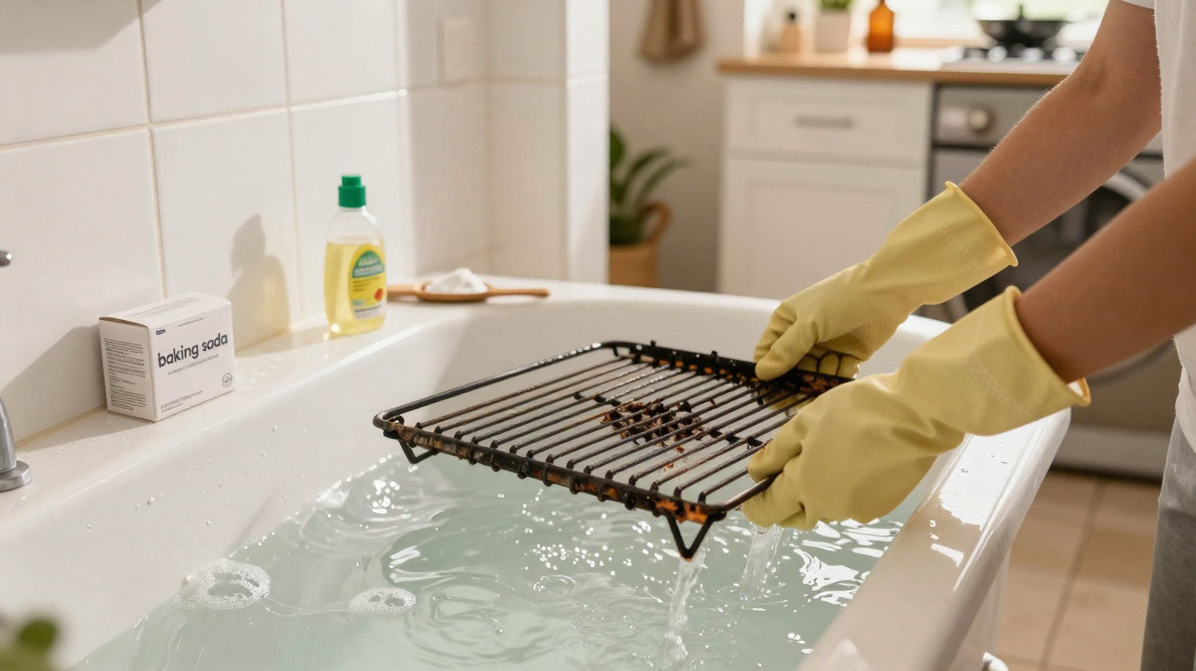 Person wearing yellow gloves cleaning a greasy oven rack over a filled bathtub in a kitchen.