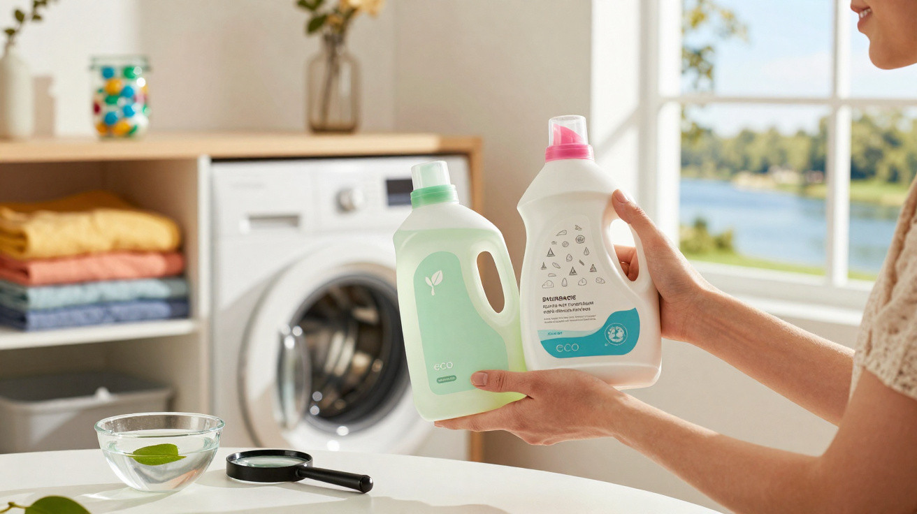 Person holding two eco-friendly laundry detergent bottles in a bright laundry room with washing machine in the background.