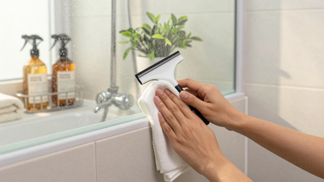 Person cleaning a bathroom glass shower door with a squeegee and white cloth.
