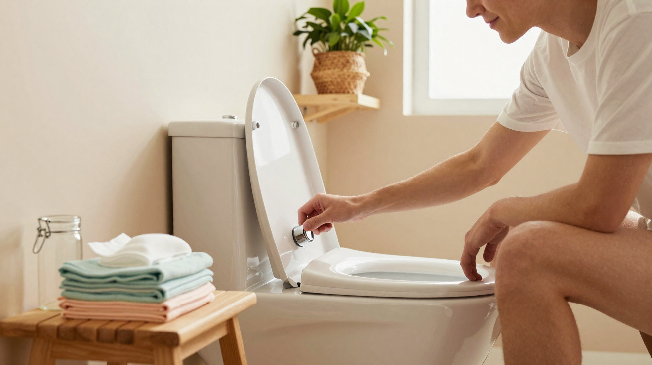 Person adjusting a dial on a modern toilet in a bright bathroom with towels and a potted plant nearby.