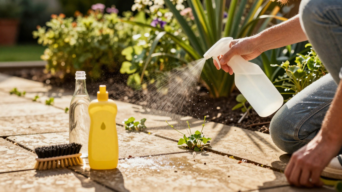 Person spraying cleaner from a spray bottle onto weeds growing between garden patio stones.