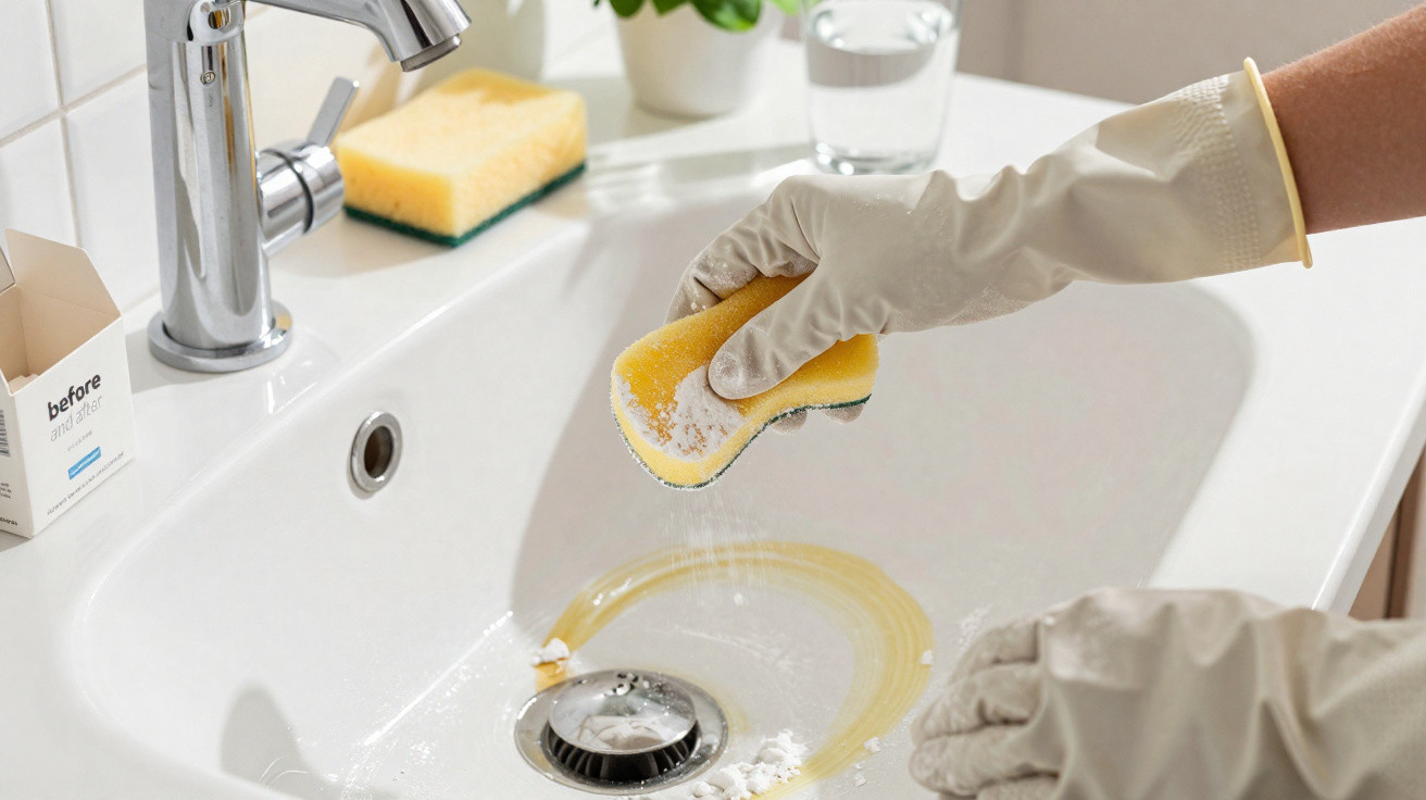 Hand wearing rubber glove scrubbing bathroom sink stain with yellow sponge and cleaning powder.