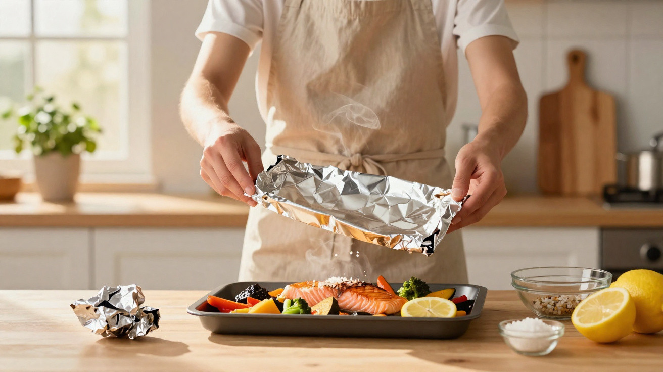 Person removing foil from baked salmon with vegetables on a tray in a bright kitchen.