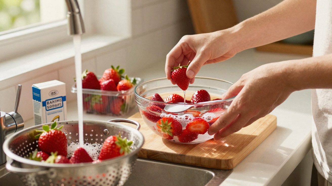Person washing strawberries in a glass bowl filled with water beside a kitchen sink and baking soda box.