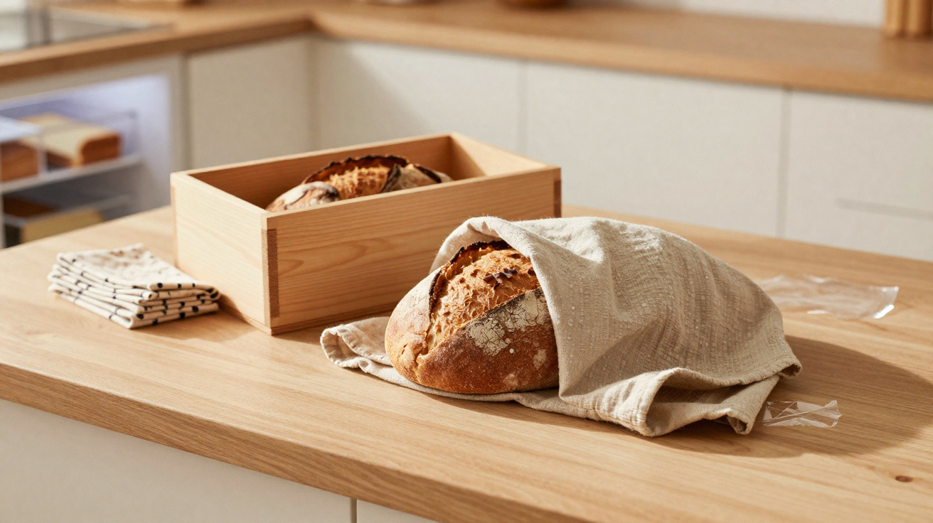 Two rustic loaves of bread on a wooden kitchen counter, one in a wooden box, the other partially covered with a cloth.