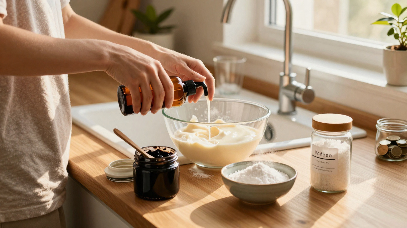 Person pouring liquid from a brown bottle into a bowl with cream on a kitchen countertop.