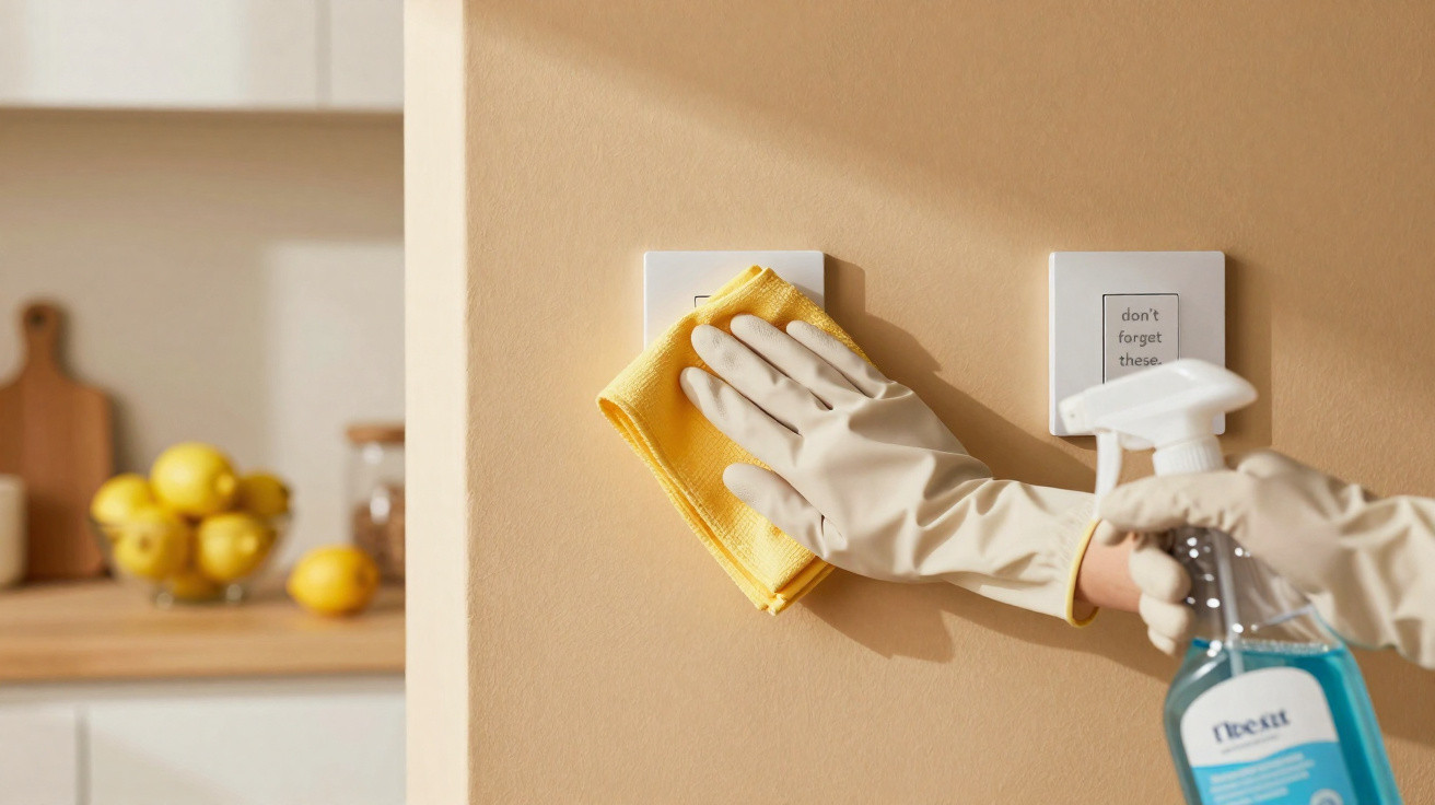 Person wearing rubber gloves cleaning light switches with a yellow cloth and blue spray cleaner in a kitchen.